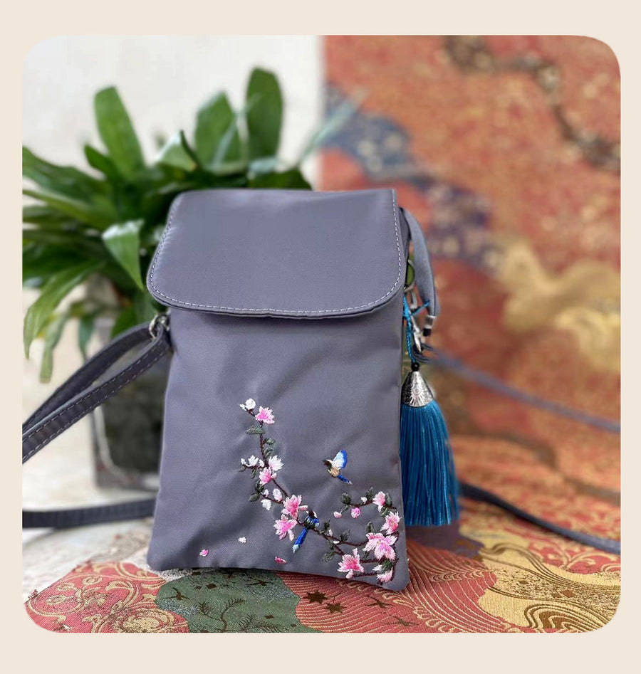 Embroidered Lotus Flower Crossbody Bag, Nylon Shoulder Cellphone Pouch