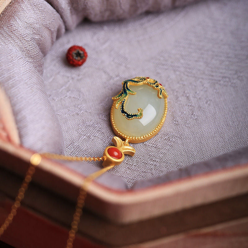Enamel Koi and Lotus Jade Pendant Necklace