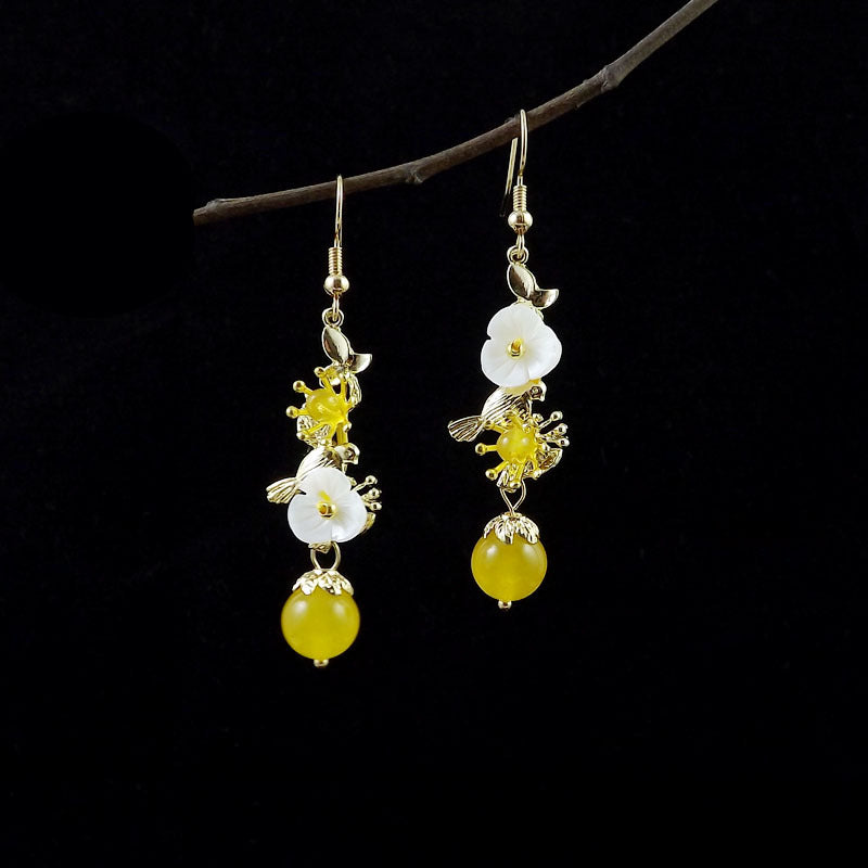 Vintage Floral Drop Earrings with Shell Flower and Bead Charm