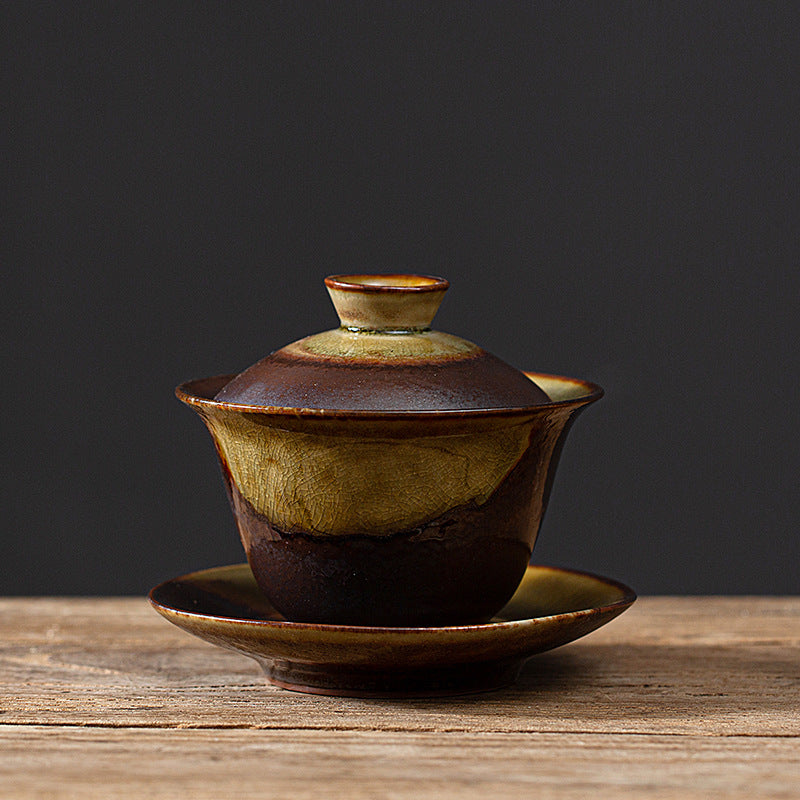 Handmade Ceramic Gaiwan with Saucer, Rustic Brown Glaze