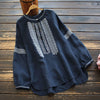 Embroidered Cotton Linen Long Sleeve Crew Neck Women's Shirt