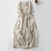 Summer Vintage Drawstring Beige Floral Crew Neck Women's Short Sleeve Dress With Pocket