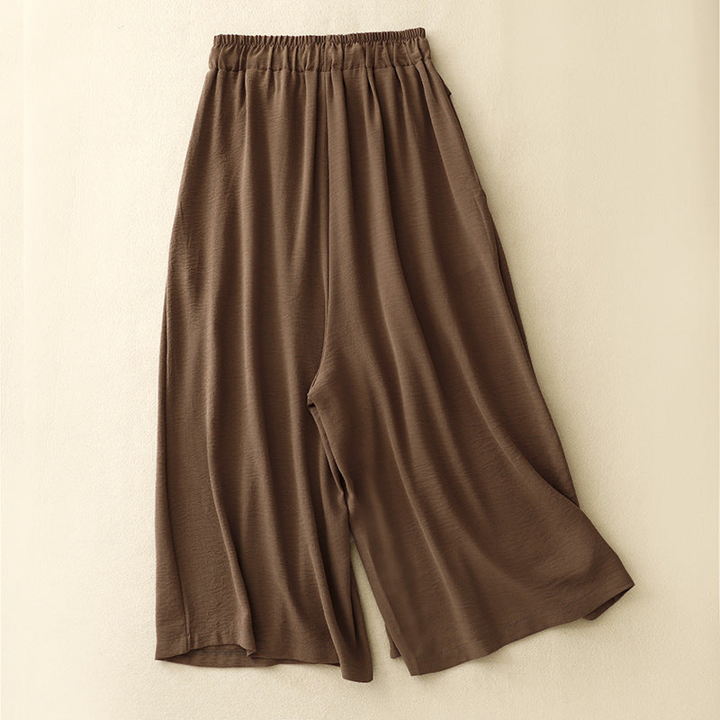 Brown wide leg cropped linen pants with elastic waistband