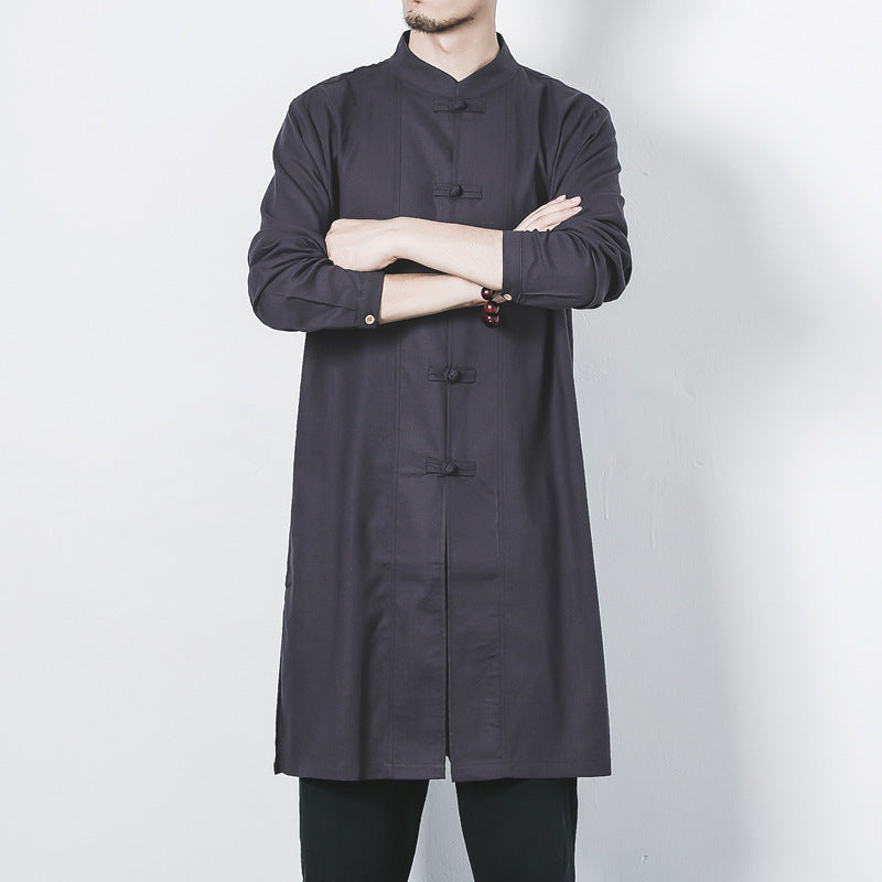Men's Linen Mid-length Coat Frog Button Zen Clothing Fall Outerwear