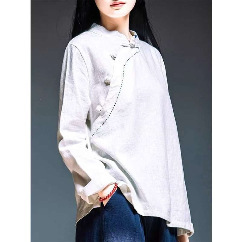 Women's Cotton Linen Oblique Collar Shirt with Knot Buttons