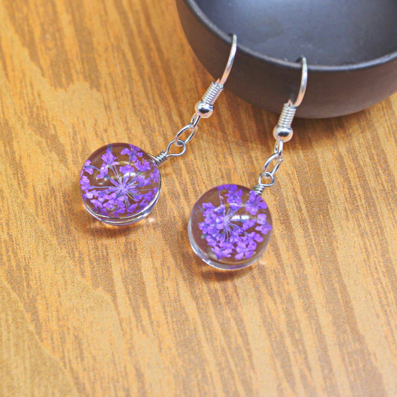 Dried Flower Glass Earrings, Handmade Floral Drop Jewelry