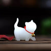 Carved Wood Cat Figurine with Bell - Cute Animal Desk Decoration