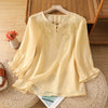 Embroidered Floral Three Quarter Sleeve Button Crew Neck Women's Shirt