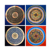 A collage showing four variations of square hand painted Thangka art featuring circular mandala and scripture designs.