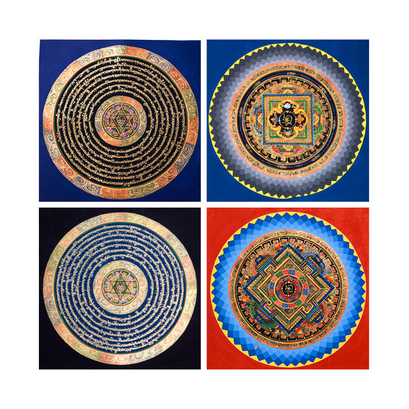 A collage showing four variations of square hand painted Thangka art featuring circular mandala and scripture designs.