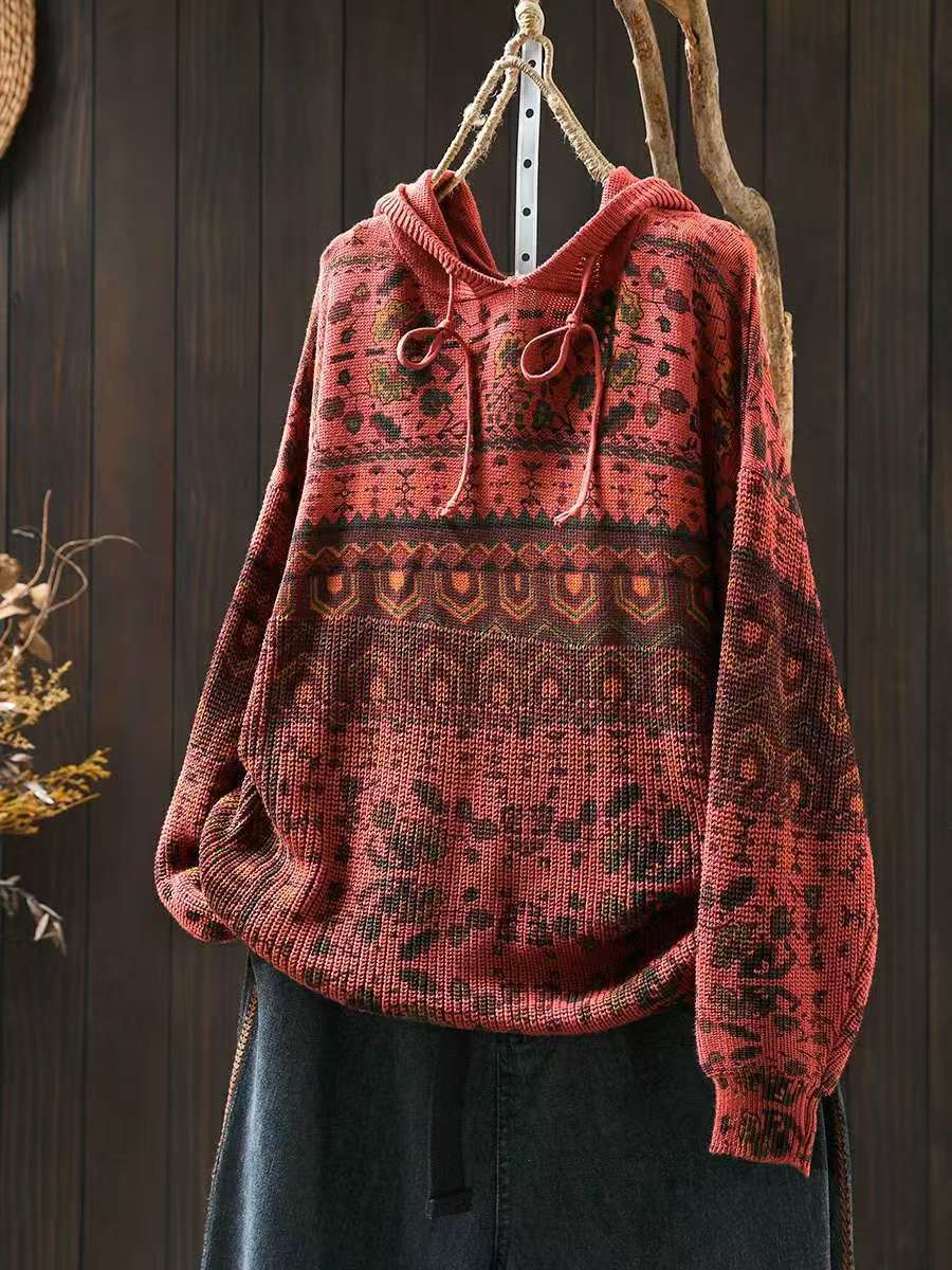 Women's Cotton Knit Hoodie, Retro Geometric Print Pullover