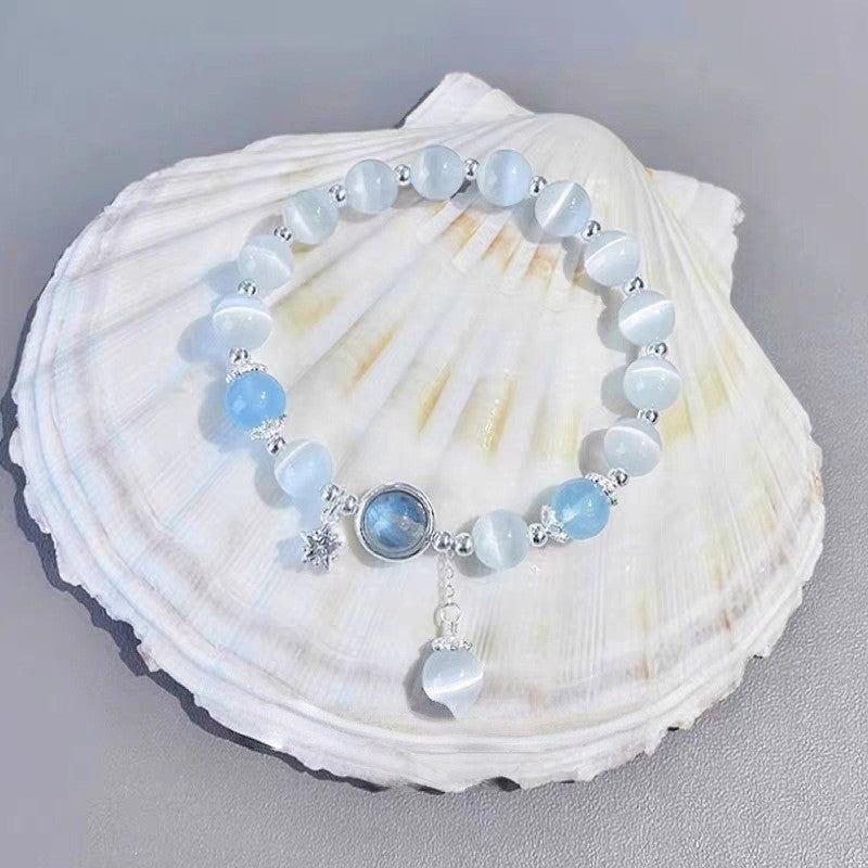 Cat's Eye Glass Bracelet with Star and Moon Charms