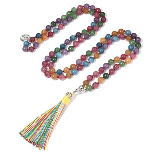 Long beaded necklace with multicolored stones and a tree of life pendant