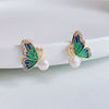 Enamel Butterfly and Pearl Stud Earrings with 925 Sterling Silver Posts