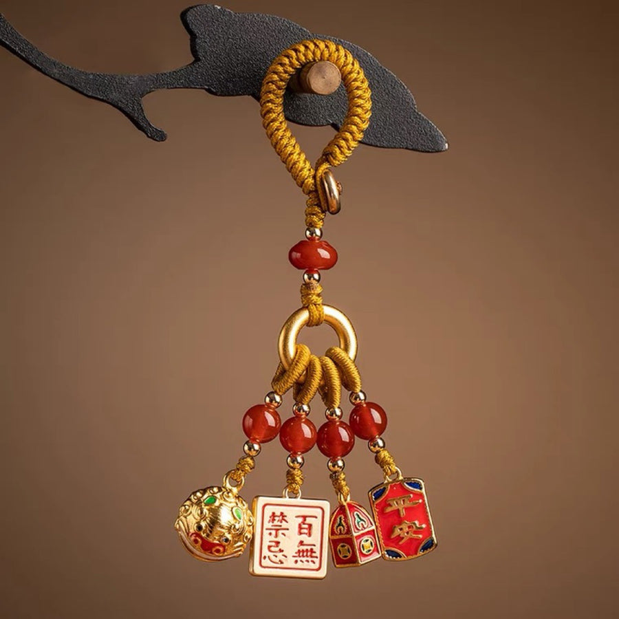 Enamel Charm Keychain with Chinese Characters and Beads