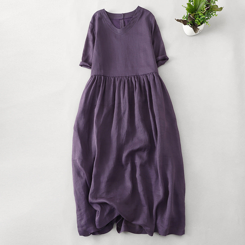 Purple linen midi dress with short sleeves and back embroidery