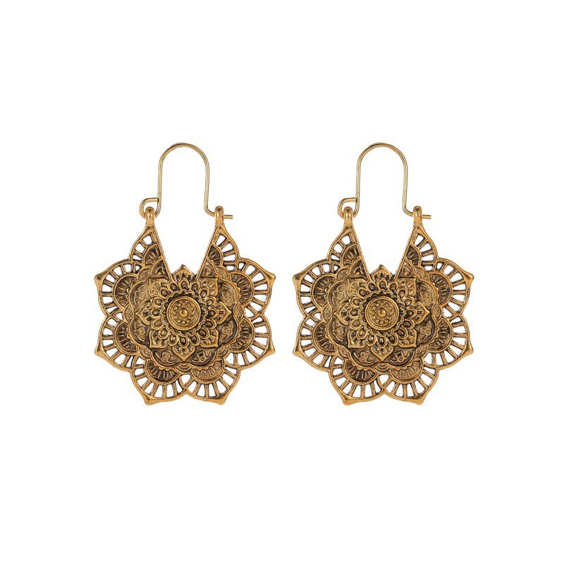Pair of antique gold-tone alloy earrings with an openwork lotus flower design