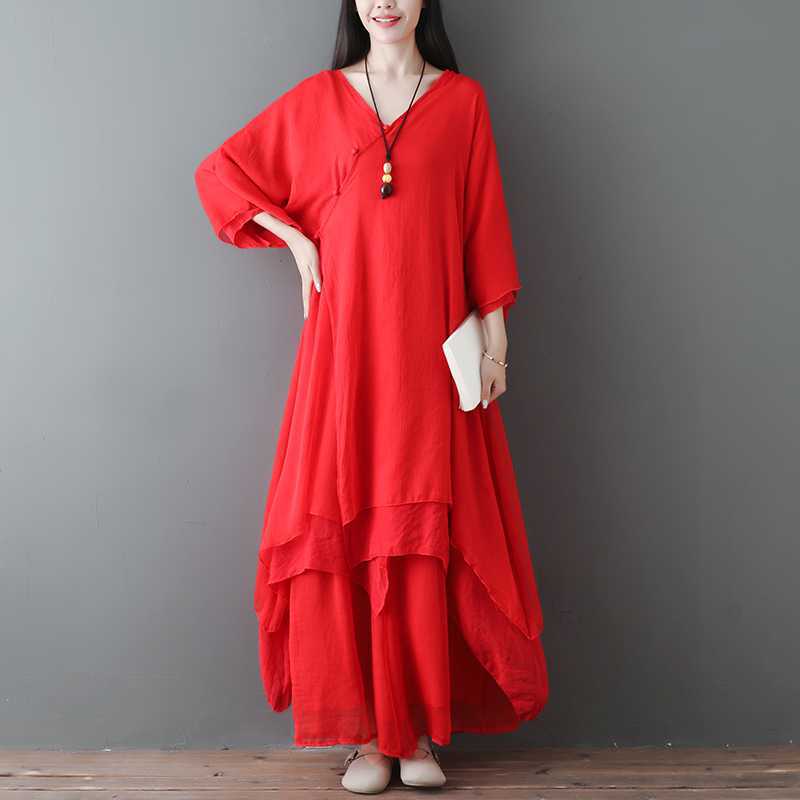 Women's Meditation Cloth Cotton V-Neck Midi Tunic Dress Wide Leg Pants