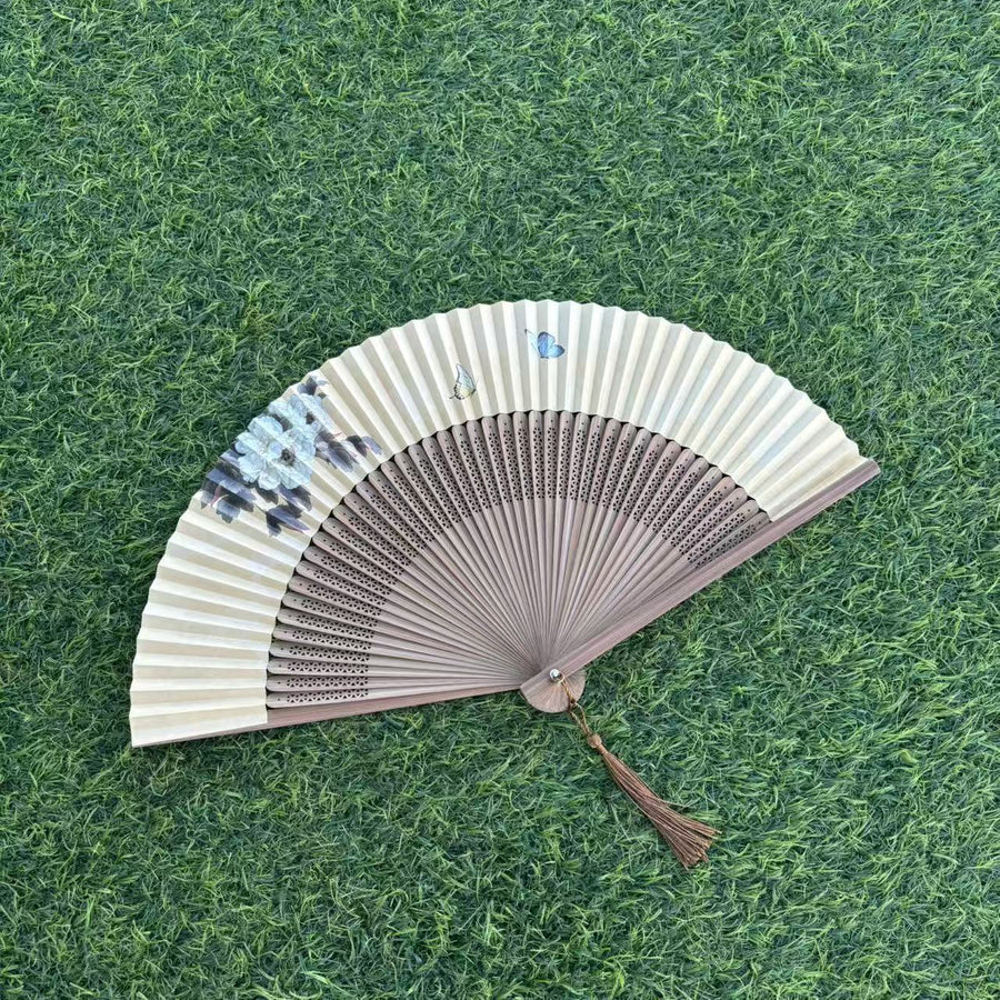 Bamboo Folding Fan with Yellow Paper and Tassel