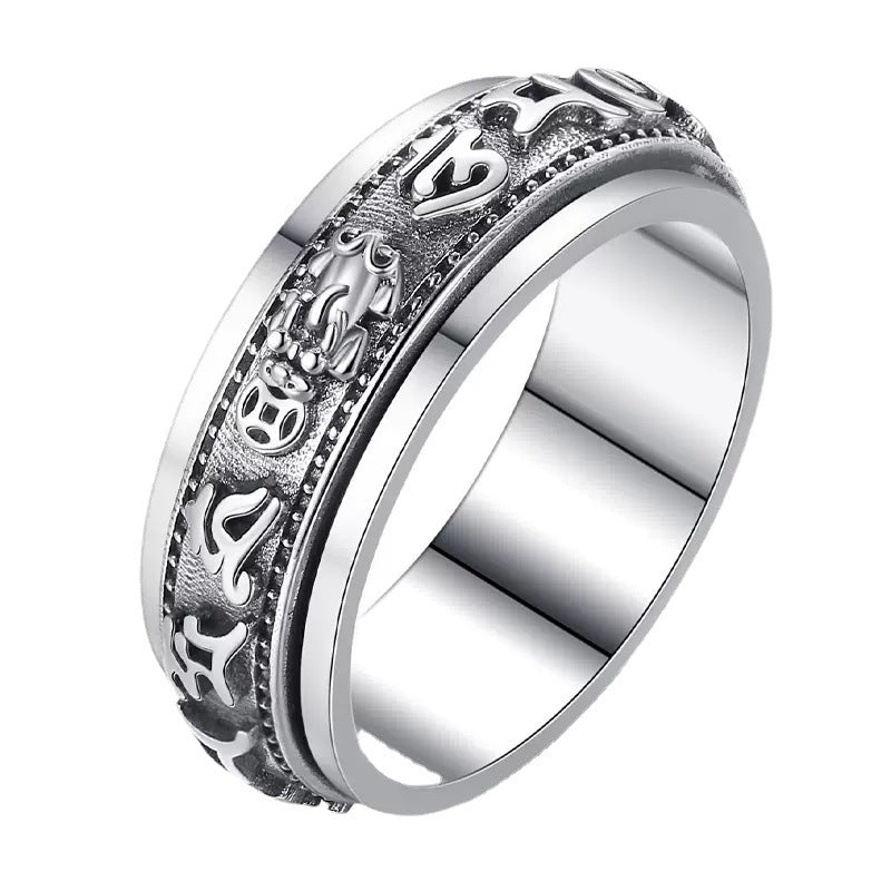 Silver-tone copper ring with rotatable band engraved with mantras and Pixiu