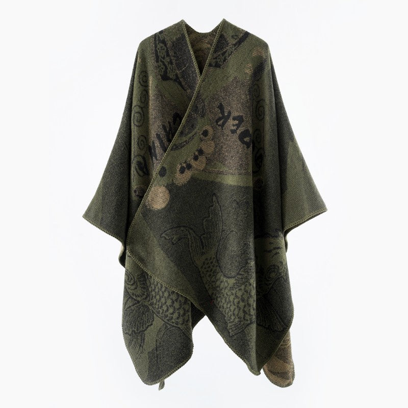 Koi Fish Pattern Poncho Shawl, Warm Faux Cashmere Wrap