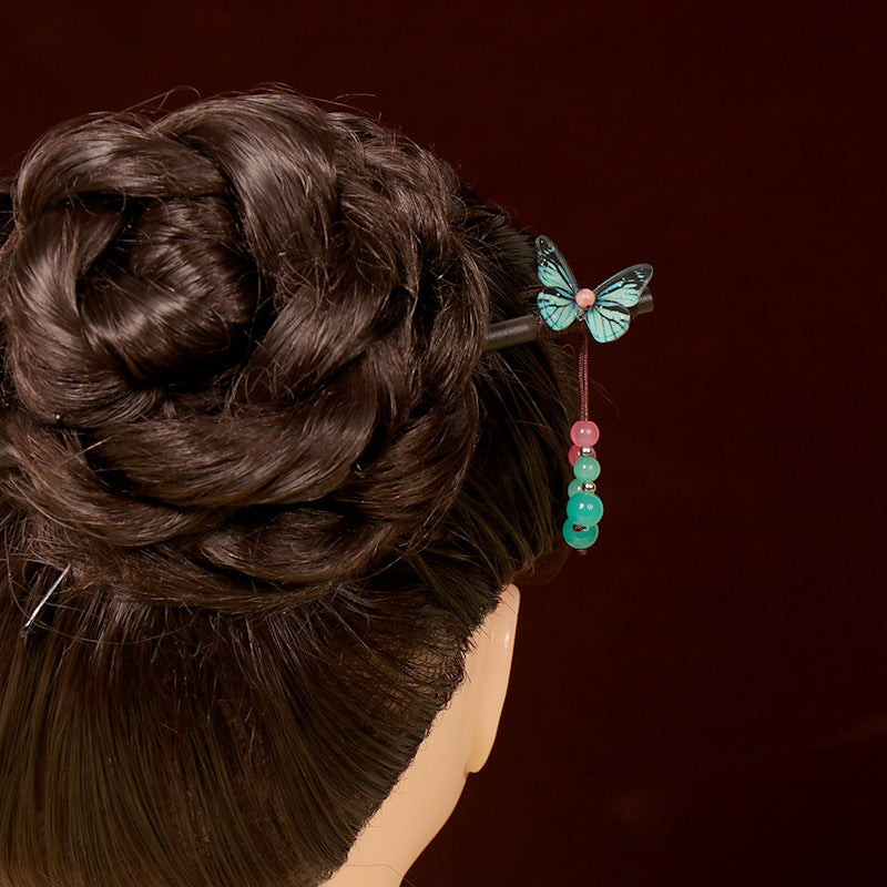 Floral Wood Hairpin with Tassel, Traditional Chinese Style
