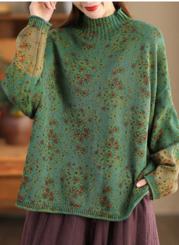 Women's Sweater Long Sleeve Mock Neck Floral Print Cotton Knit Top