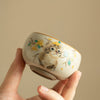 Cat and Flower Tea Cup, Ru Kiln Ceramic Kung Fu Teacup