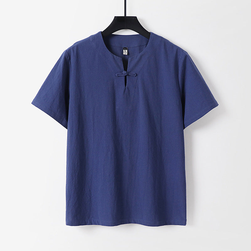 Men's Linen Blend V-Neck T-Shirt with Frog Button