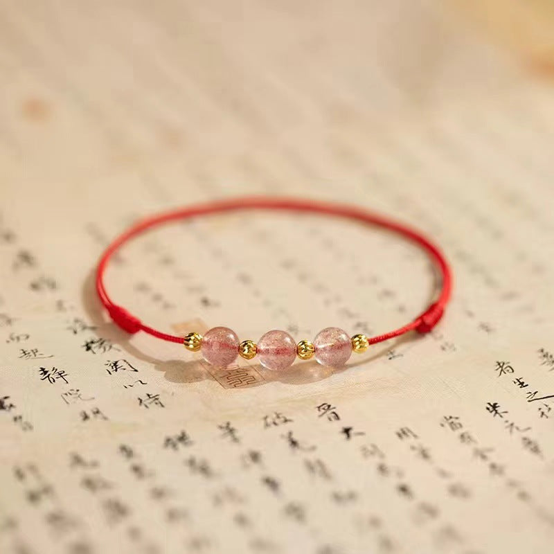 Strawberry Quartz Crystal Beads Red String Bracelet Anklet