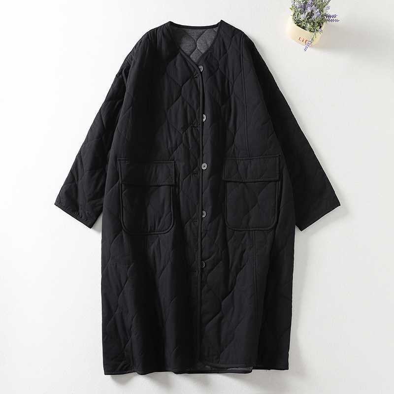 Women's Long Sleeve Cotton Coat With Pockets, Quilted V-Neck