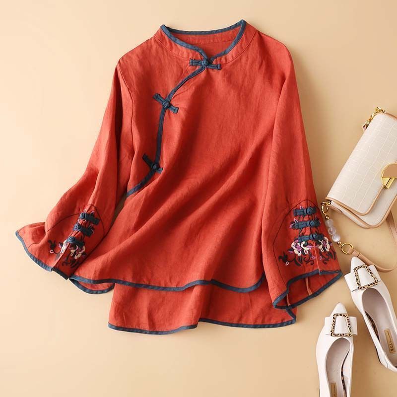 Orange red women's cotton linen top with embroidered bell sleeves