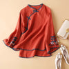 Orange red women's cotton linen top with embroidered bell sleeves