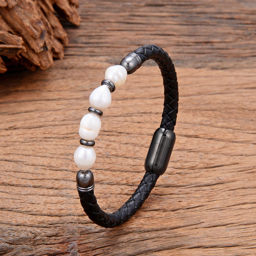 Handmade Irregular Pearl Leather Bracelet with Steel Buckle