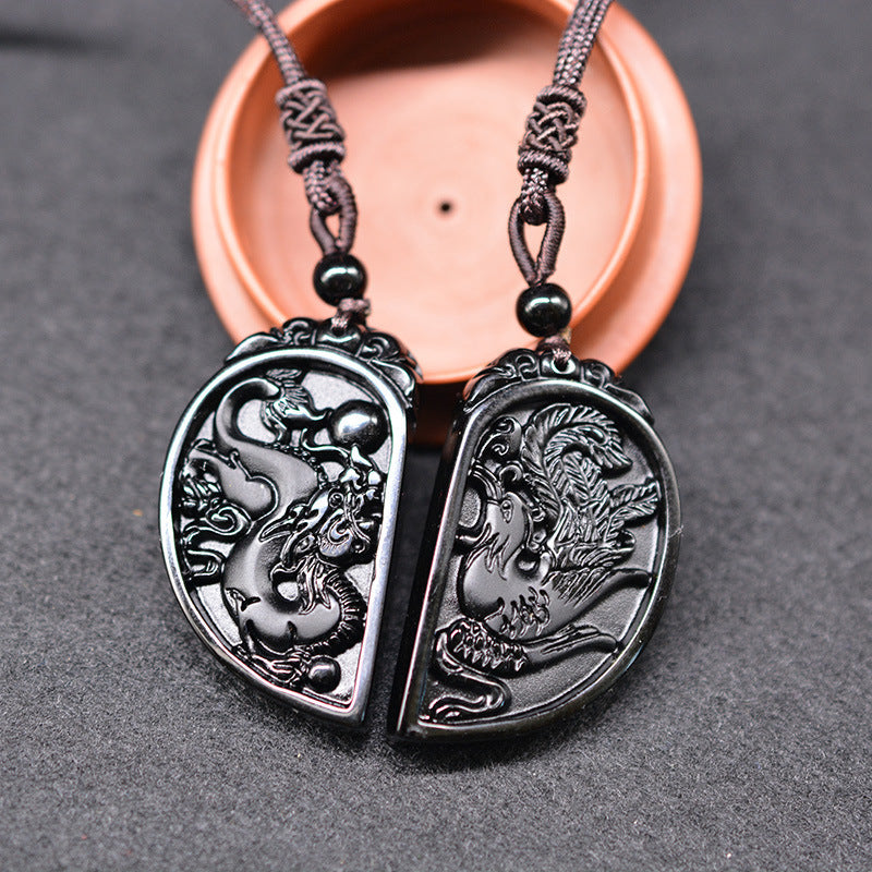 Black Obsidian Yin Yang Dragon Phoenix Necklace Pendant