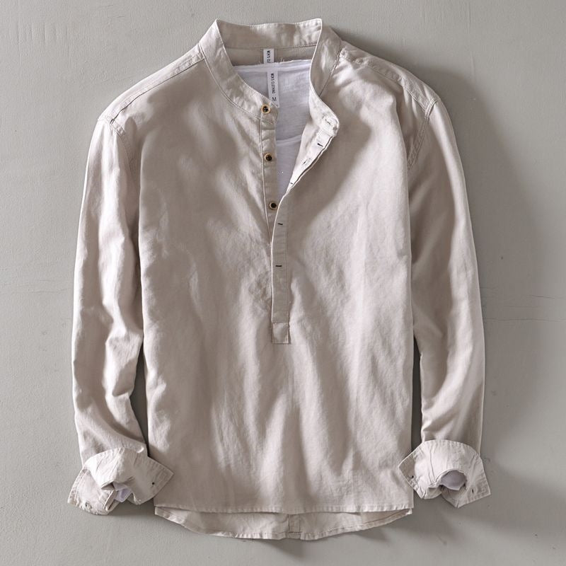 Men's Solid Color Long Sleeve Half Button Shirt Cotton Linen