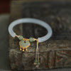 White Chalcedony Bangle with Ruyi Lock Charm and Jade Beads