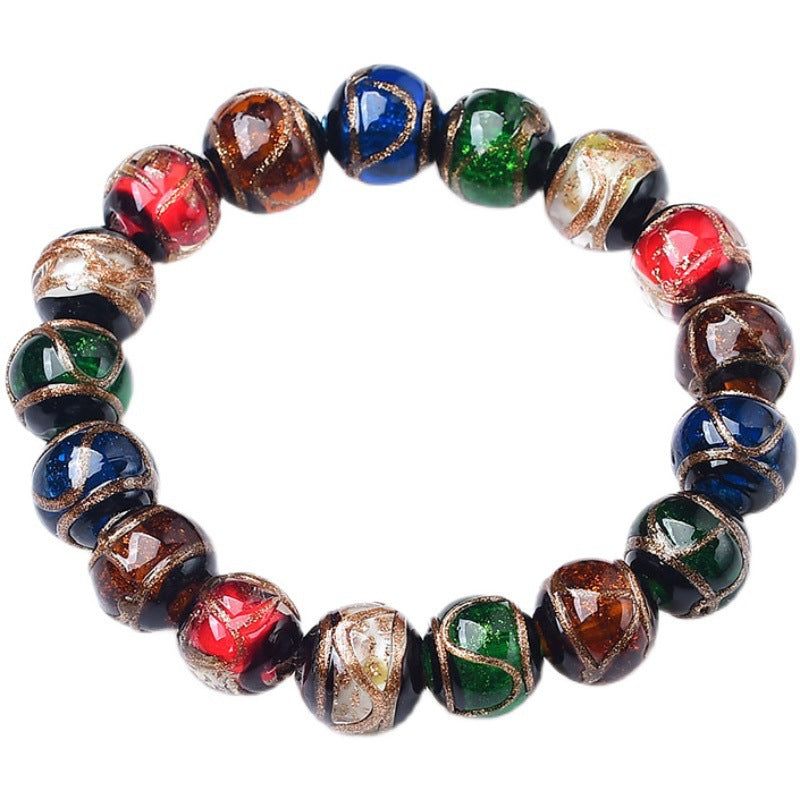 A close-up of a colorful Liuli glass bead bracelet on a white background
