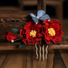 Red Camellia Flower Hair Comb with Blue Butterfly