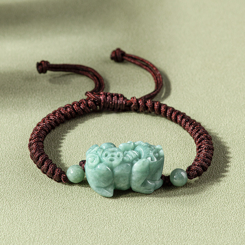 Handmade Natural Jade Pixiu Protection King Kong Knot Braided String Bracelet