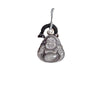 Close up of a carved silver sheen obsidian laughing Buddha pendant on a black twisted rope chain.