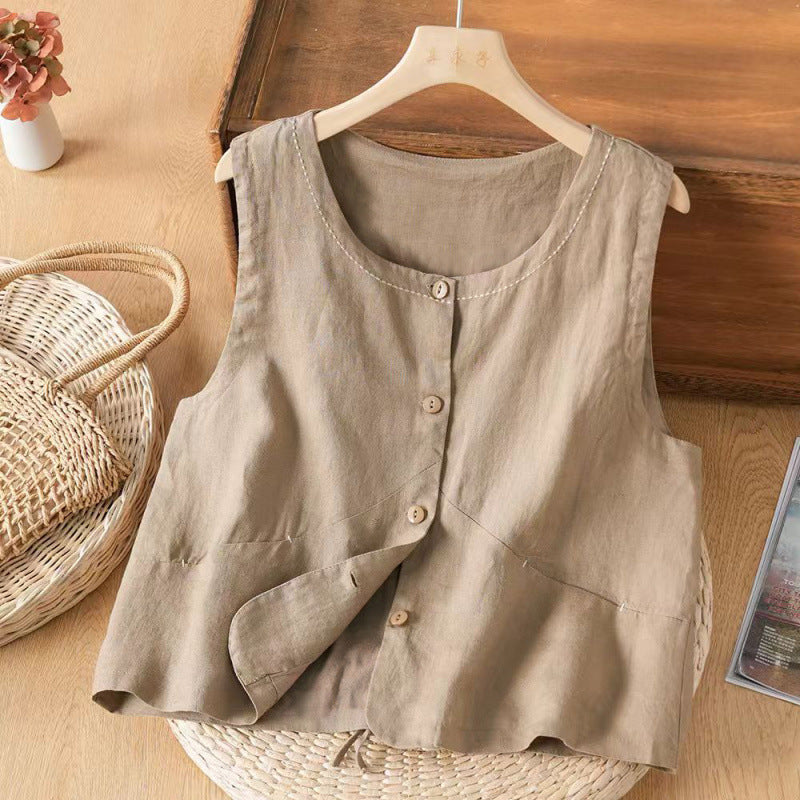 Women's Vest Sleeveless Cotton Linen Top with Pockets