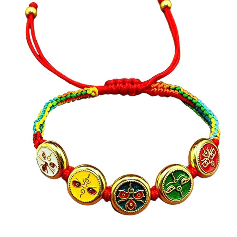 Colorful braided rope bracelet with five gold-tone circular charms depicting the Five Gods of Wealth