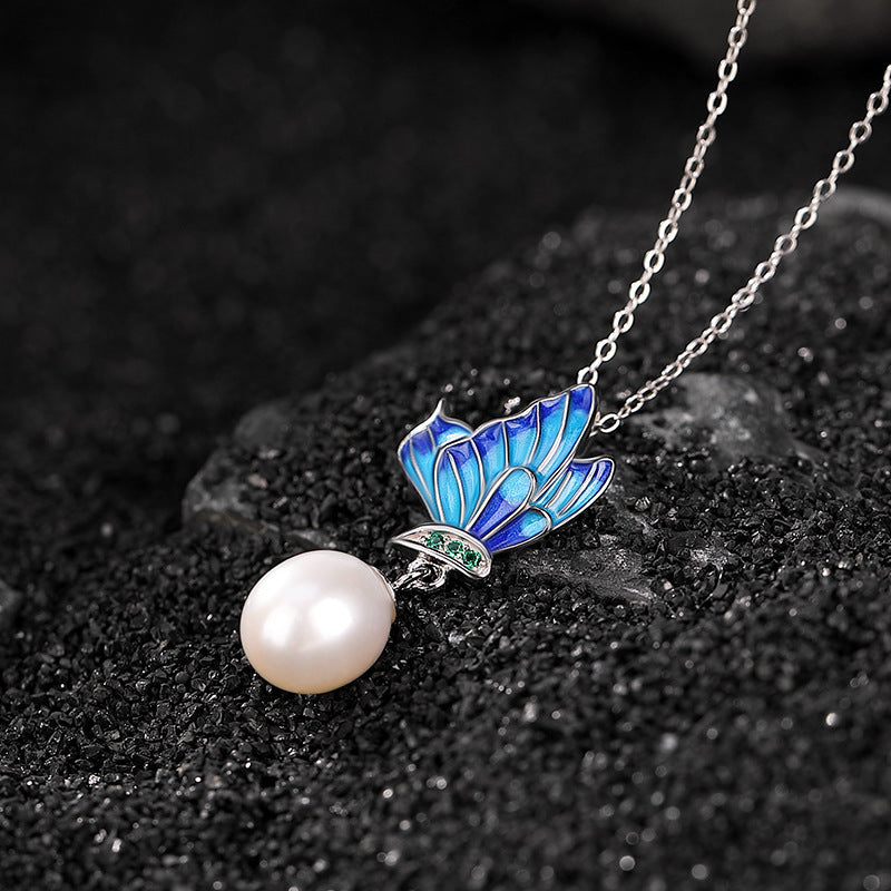 Sterling Silver Butterfly Pearl Necklace Ring Earrings Set