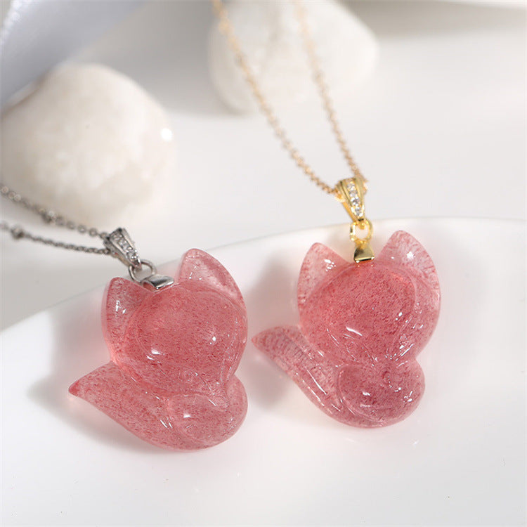 Strawberry Quartz Fox Necklace, 925 Silver or 14k Gold Plated