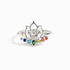 Silver tone copper ring with a lotus flower design and multicolor zircon stones on a soft background