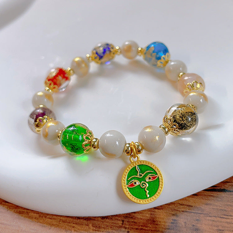 Five Wealth Deities Liuli Glass Charm Bracelet with Gold-tone Foil Beads