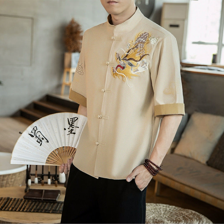 Men's Chinese Dragon Embroidery Cotton Linen Shirt