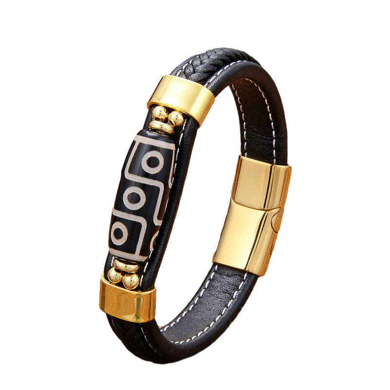 Tibetan Dzi Bead Leather Bracelet, Titanium Steel Clasp