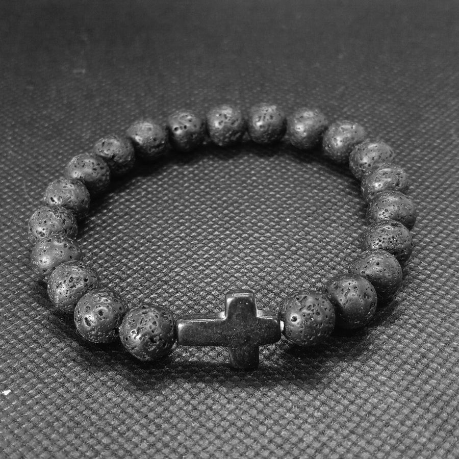 Cross Charm Beaded Bracelet with Stone or Lava Rock